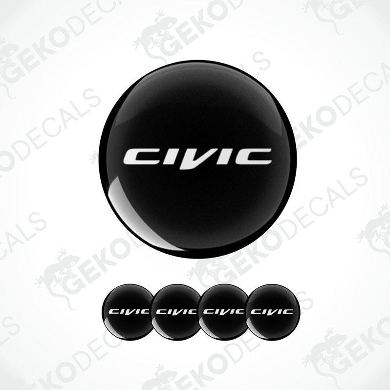 A set of black vinyl decals with the text 'CIVIC' on them, designed for use as car wheel caps or stickers.