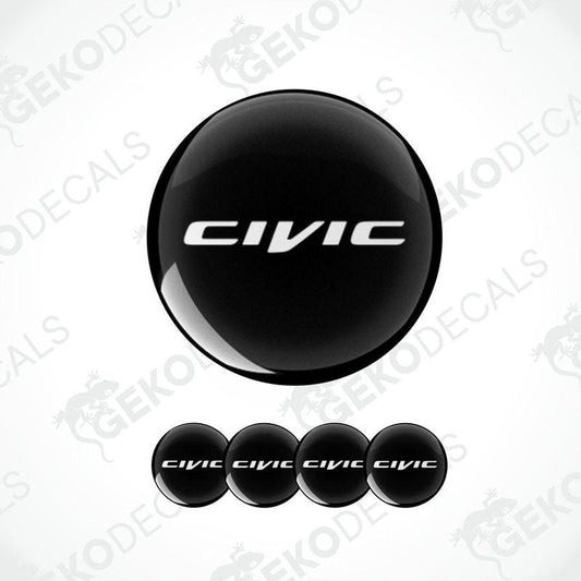 A set of black vinyl decals with the text 'CIVIC' on them, designed for use as car wheel caps or stickers.