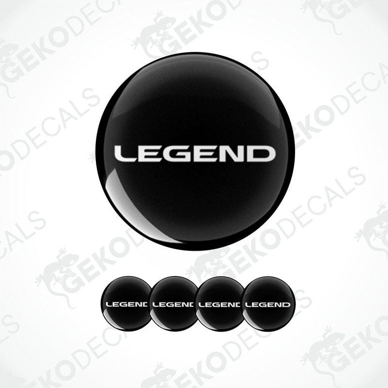 A set of black vinyl decals with the text 'LEGEND' on them, typically used as car wheel caps.