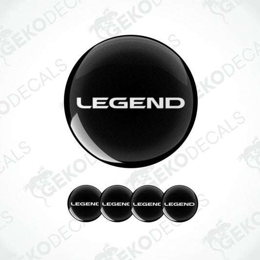 A set of black vinyl decals with the text 'LEGEND' on them, typically used as car wheel caps.