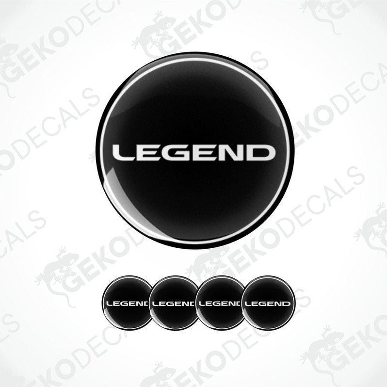 A set of black vinyl decals with the text 'LEGEND' on them, typically used as car wheel caps.