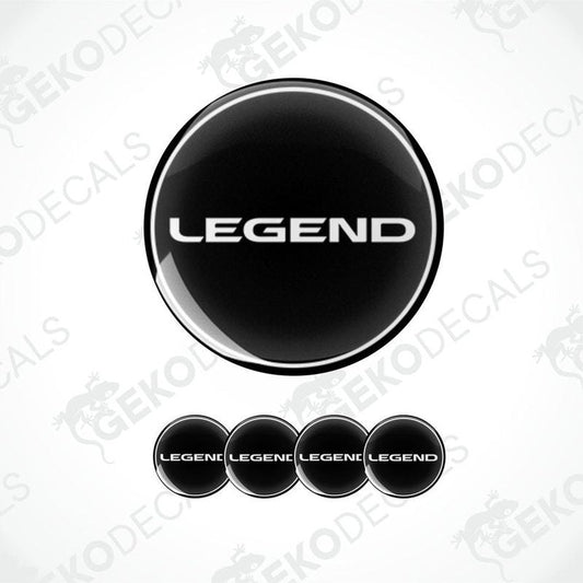 A set of black vinyl decals with the text 'LEGEND' on them, typically used as car wheel caps.