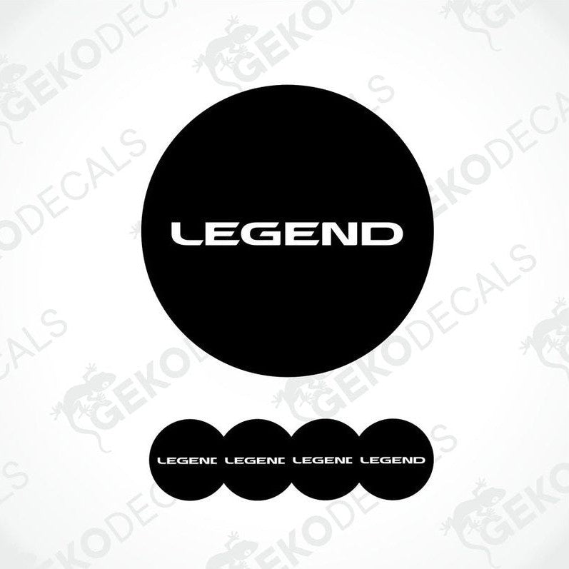 A set of black vinyl decals with the text 'LEGEND' on them, typically used as car wheel caps.