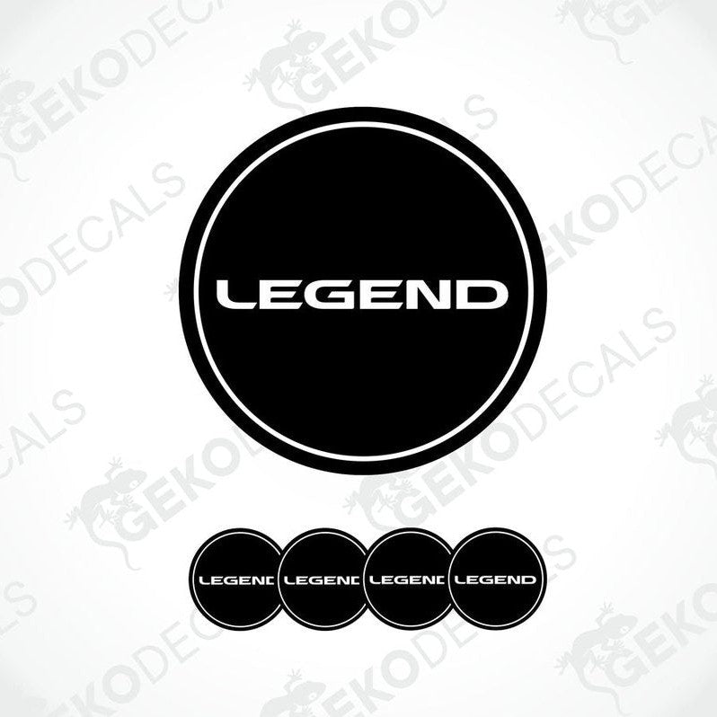 A set of black vinyl decals with the text 'LEGEND' on them, typically used as car wheel caps.