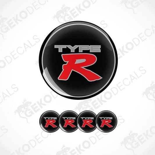 A set of black vinyl decals with the text 'HONDA TYPE R' in grey and red, including four round decals and one long strip decal.