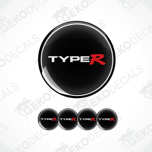 A set of black vinyl decals with the text 'HONDA TYPE R' in white, including four round decals and one long strip decal.