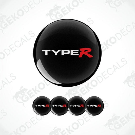 A set of black vinyl decals with the text 'HONDA TYPE R' in white, including four round decals and one long strip decal.