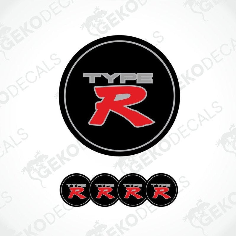 A set of black vinyl decals with the text 'HONDA TYPE R' in grey and red, including four round decals and one long strip decal.