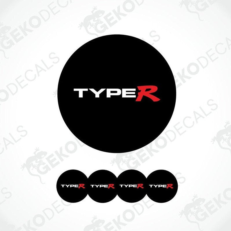 A set of black vinyl decals with the text 'HONDA TYPE R' in white, including four round decals and one long strip decal.