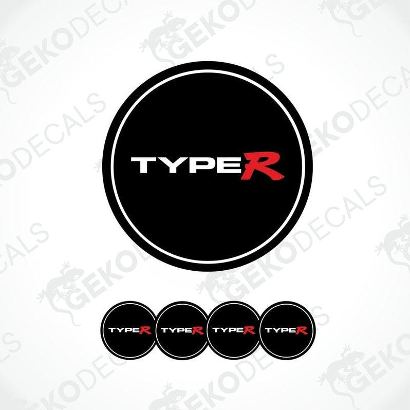 A set of black vinyl decals with the text 'HONDA TYPE R' in white, including four round decals and one long strip decal.