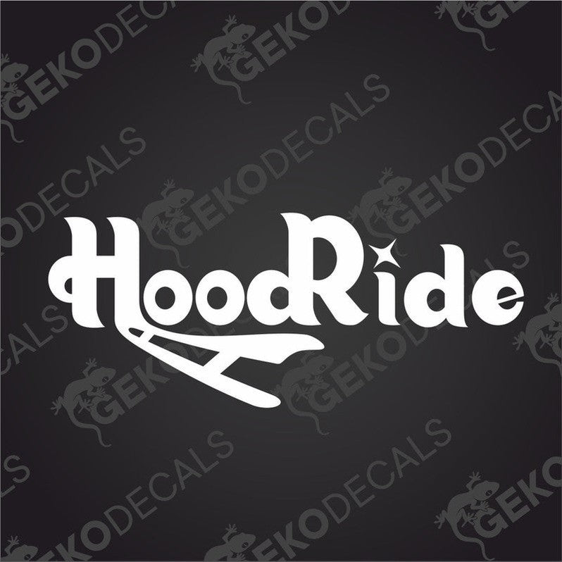 A white car decal with the text 'HOODRIDE' and a graphic element resembling a road.