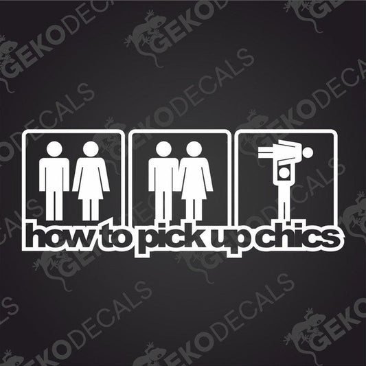 A white graphic decal with text and pictograms depicting two people and a robot, with the title 'how to pick up chics'.
