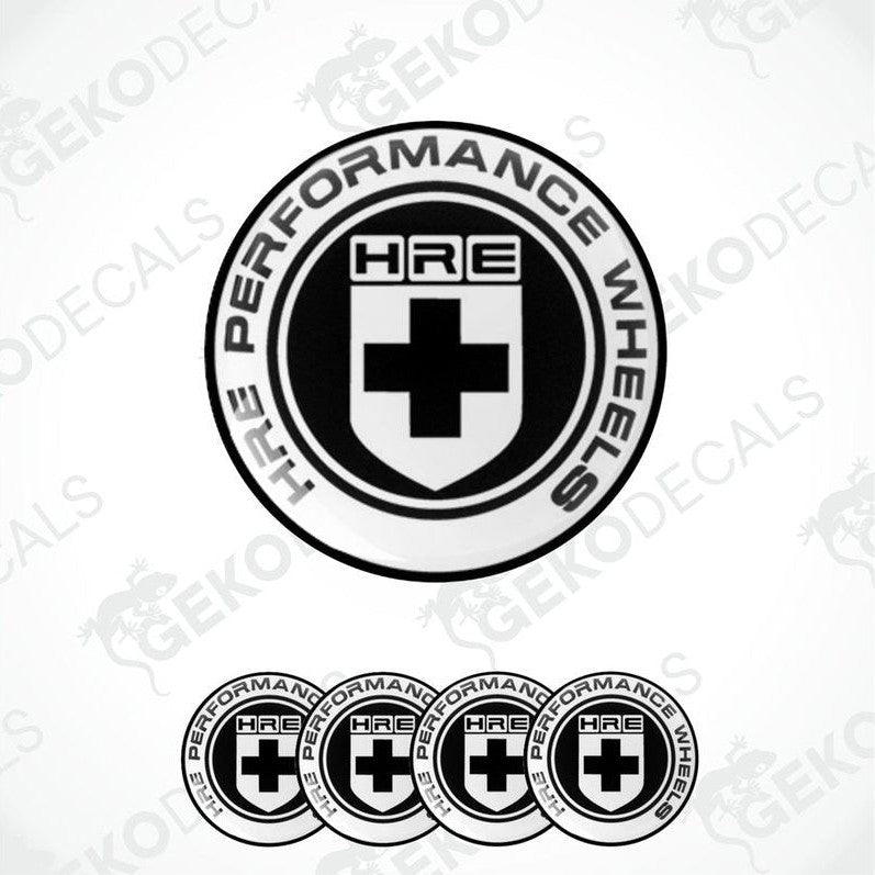 A set of four vinyl decals with a polyurethane coating featuring a circular design with the text 'HRE PERFORMANCE WHEELS' and a cross emblem.