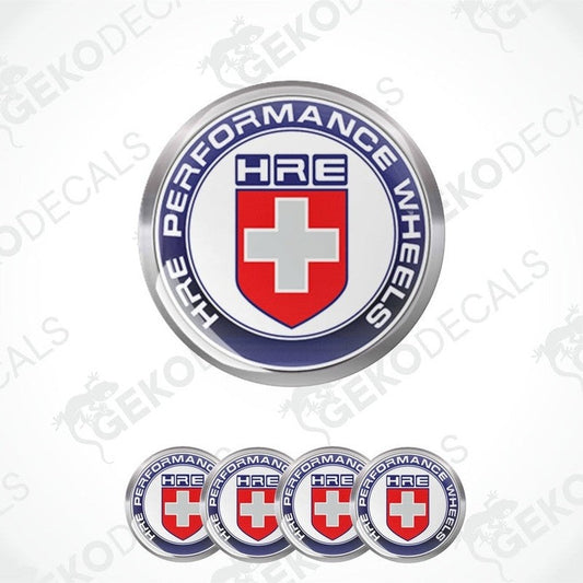 A set of four circular vinyl stickers with a design containing the text 'HRE PERFORMANCE' and a cross-like logo, in red, white, and blue colors.