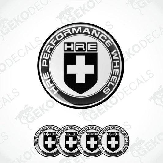 A set of four black vinyl stickers with the HRE Performance Wheels logo, which includes a cross and the brand name.