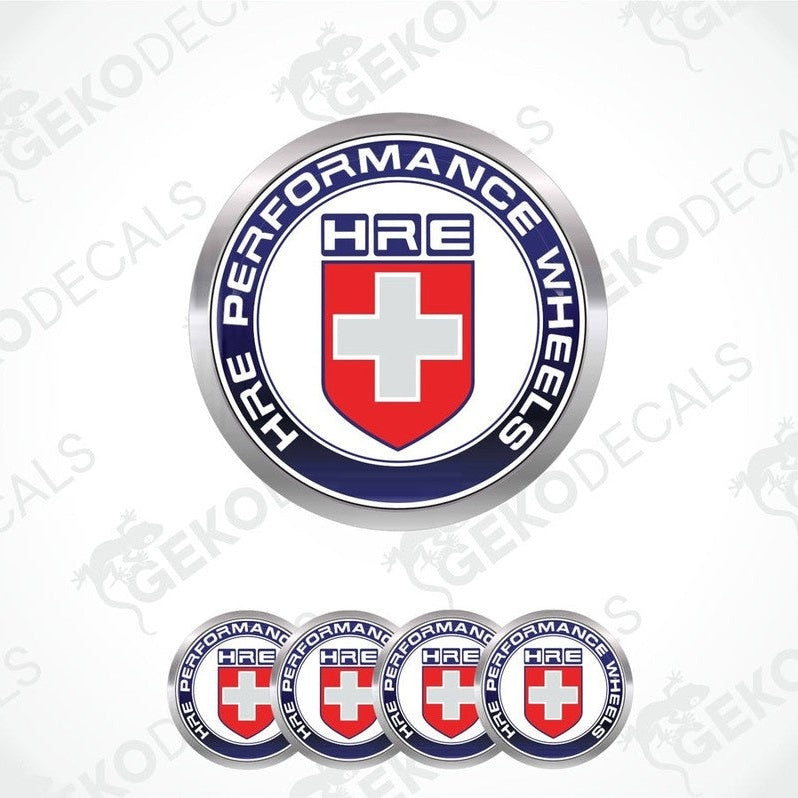 A set of four circular vinyl stickers with a design containing the text 'HRE PERFORMANCE' and a cross-like logo, in red, white, and blue colors.