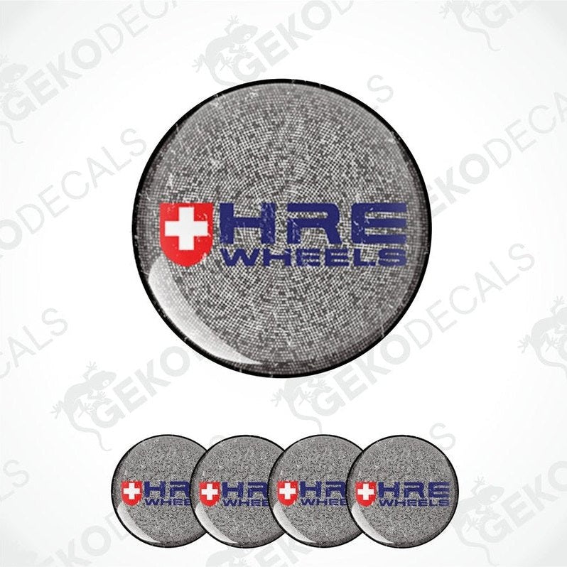 A set of four vinyl decals with a speckled gray background and the 'HRE Wheels' logo in the center.