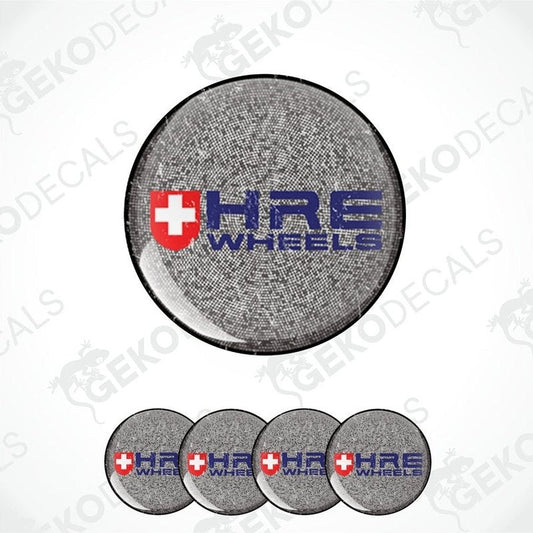A set of four vinyl decals with a speckled gray background and the 'HRE Wheels' logo in the center.