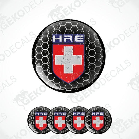 A set of vinyl decals with a polyurethane coating designed for vehicles, featuring the HRE logo and a red and white cross.