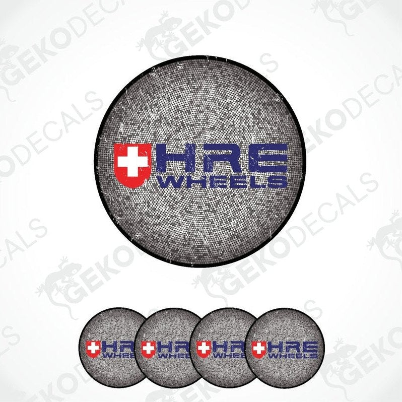 A set of four vinyl decals with a speckled gray background and the 'HRE Wheels' logo in the center.