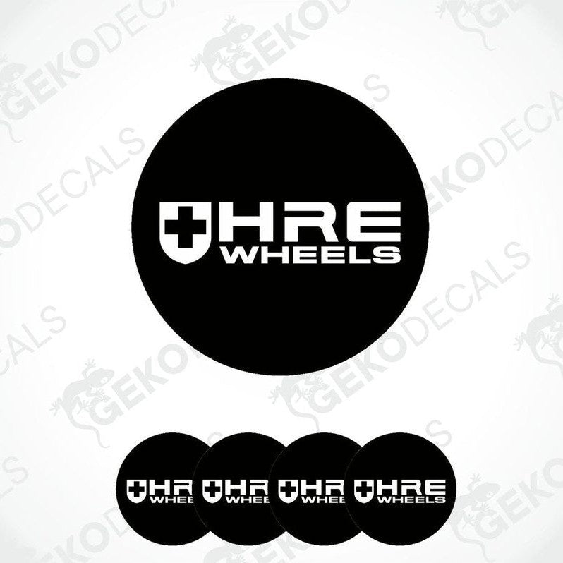 A set of four black vinyl stickers with the HRE Performance Wheels logo, which includes a cross and the brand name.