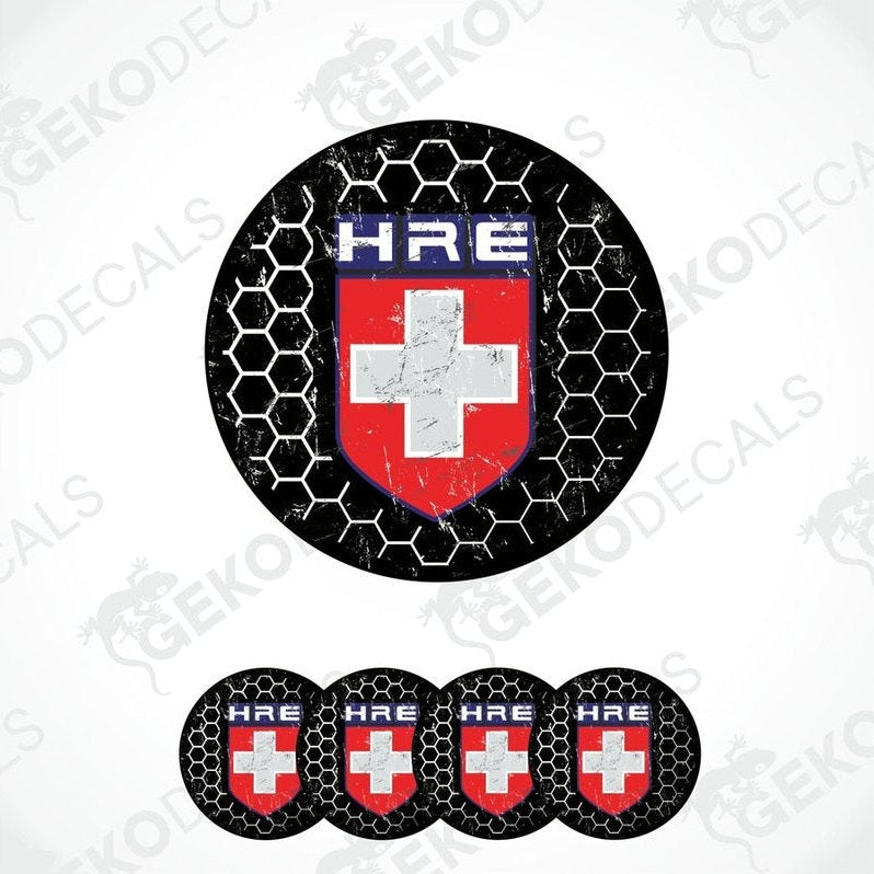 A set of vinyl decals with a polyurethane coating designed for vehicles, featuring the HRE logo and a red and white cross.
