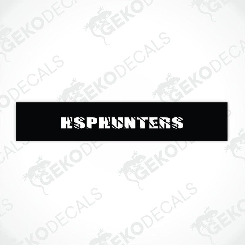 Black car windshield sun visor with white text HSPHUNTERS