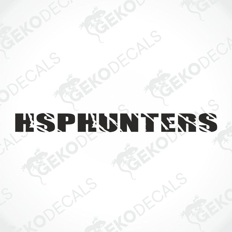 Black car windshield sticker with cut-out text HSPHUNTERS
