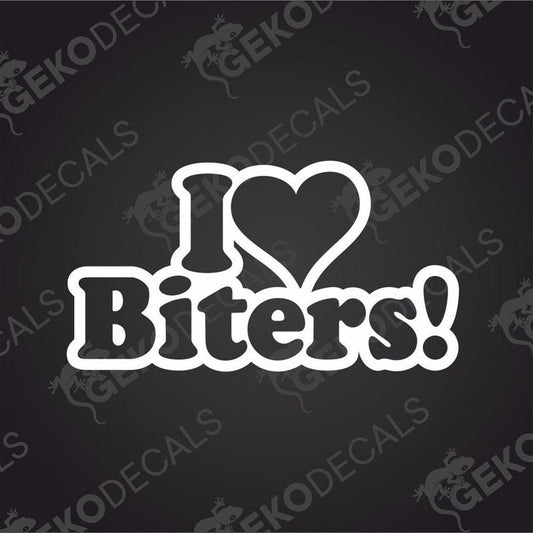 Text cut out of a white sticker I LOVE BITERS