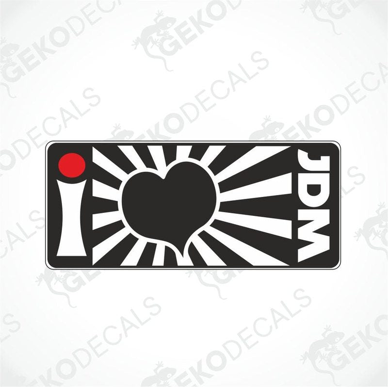 A black decal with a white heart and the text 'I LOVE JDM' in red.