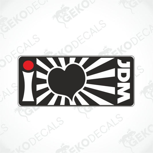 A black decal with a white heart and the text 'I LOVE JDM' in red.