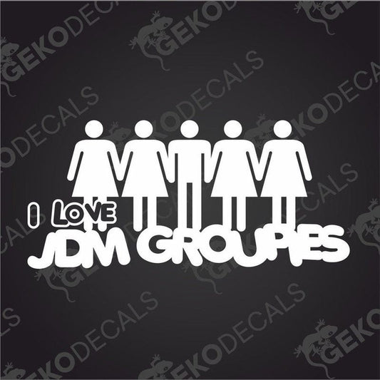 A row of female and male pictograms, with text with rounded corners underneath I love JDM Groupies.