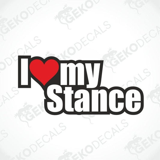 A car sticker with the text 'I love my Stance' where 'love' is represented by a red heart symbol.