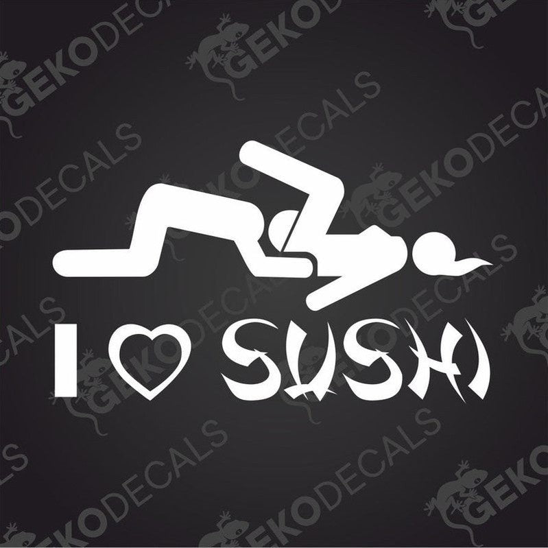 A graphic decal of a person lying down with their head and torso on a sushi roll, with the text 'I LOVE SUSHI' above it.