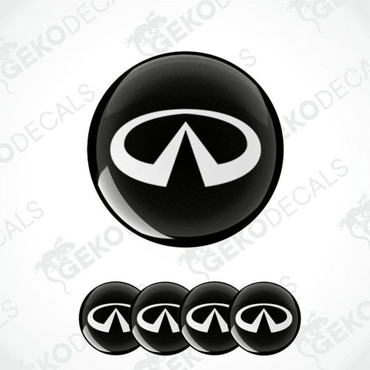 A set of four black vinyl stickers with a white INFINITI logo on each.