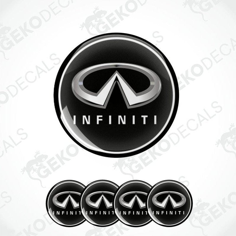 A set of four black and white vinyl decals with the INFINITI logo.