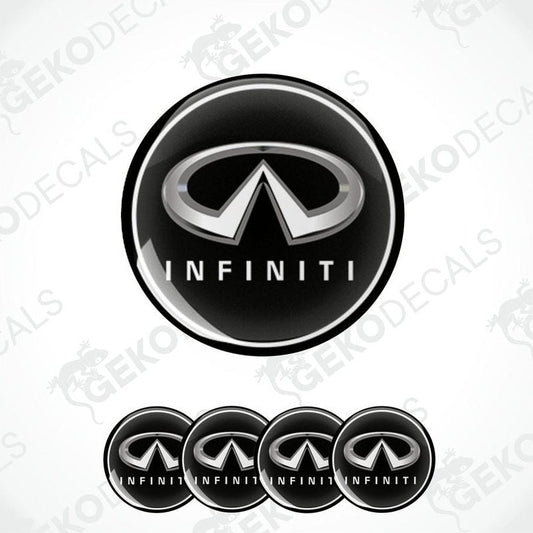 A set of four black and white vinyl decals with the INFINITI logo.