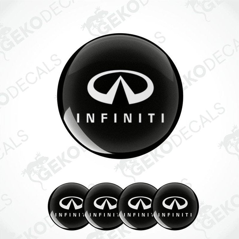 A set of four black vinyl stickers with the INFINITI logo printed on them.