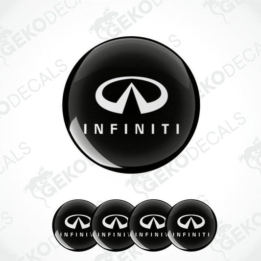 A set of four black vinyl stickers with the INFINITI logo printed on them.