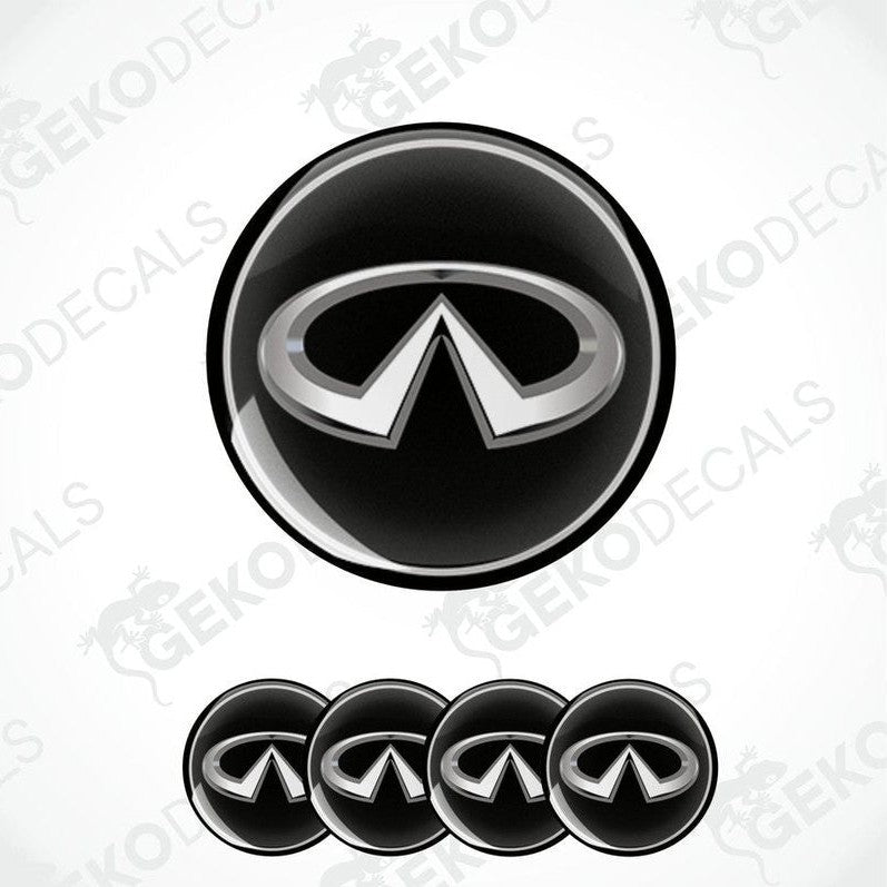 A set of four black vinyl stickers with a geometric pattern and the INFINITI logo on each sticker.