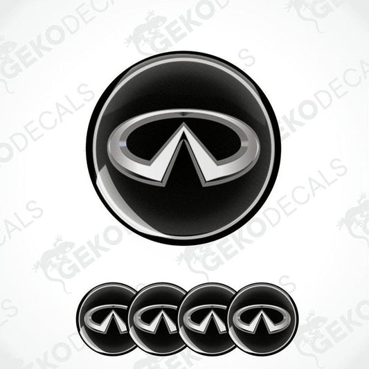 A set of four black vinyl stickers with a geometric pattern and the INFINITI logo on each sticker.