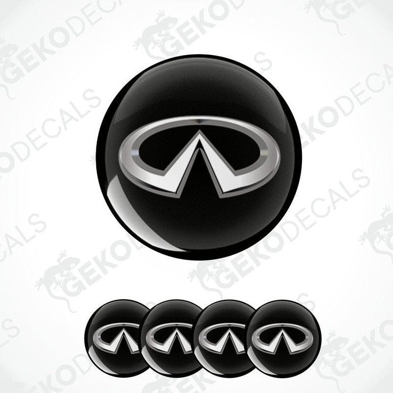 A set of four black vinyl stickers with the INFINITI logo printed on them.