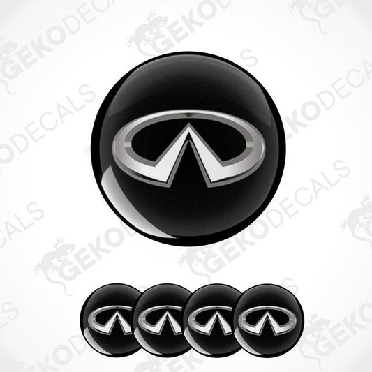 A set of four black vinyl stickers with the INFINITI logo printed on them.