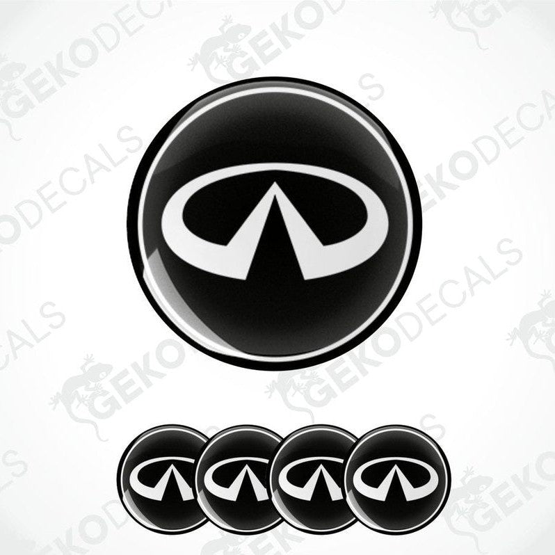 A set of black and white vinyl decals with the INFINITI logo, designed for use as car wheel decals.