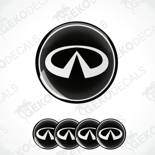A set of black and white vinyl decals with the INFINITI logo, designed for use as car wheel decals.
