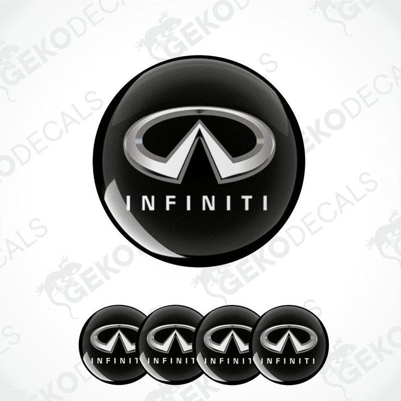 A set of four black vinyl stickers with the INFINITI logo printed on them.