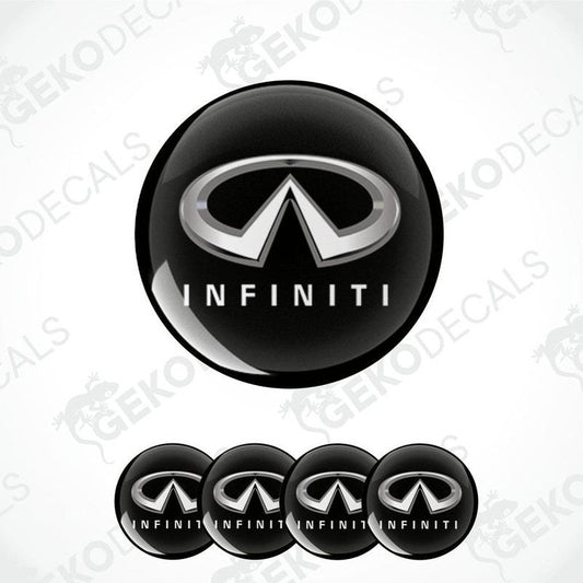 A set of four black vinyl stickers with the INFINITI logo printed on them.