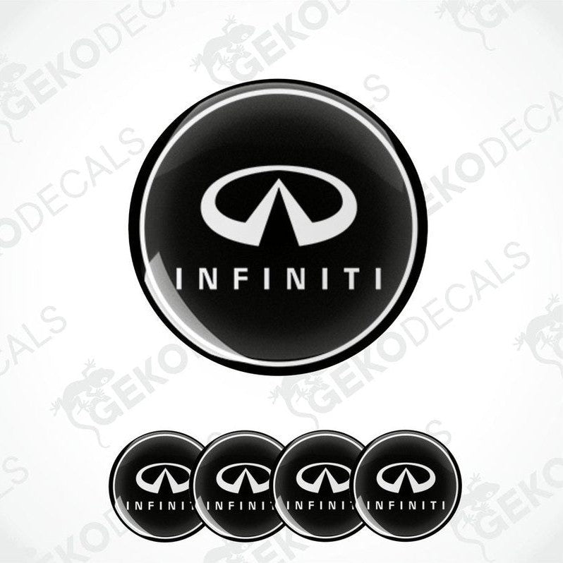 A set of four black vinyl stickers with the INFINITI logo printed on them.