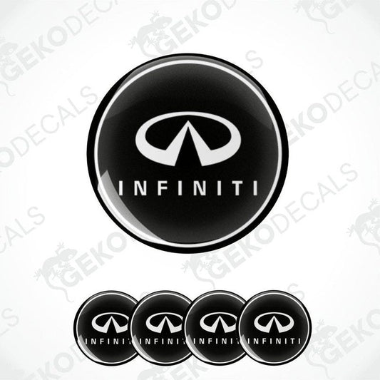 A set of four black vinyl stickers with the INFINITI logo printed on them.