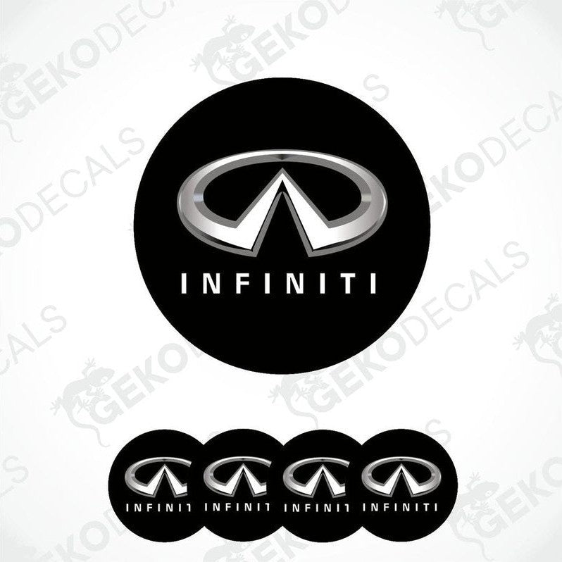 A set of four black vinyl stickers with the INFINITI logo printed on them.